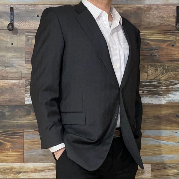 Hickey Freeman 100% Wool Charcoal Gray Striped Blazer Sport Jacket Size 46L